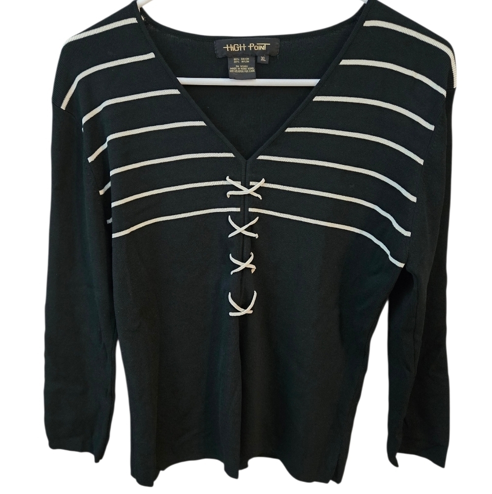 Black and White Striped Women's Top,‎ Criss Cross, Ribbed, XL